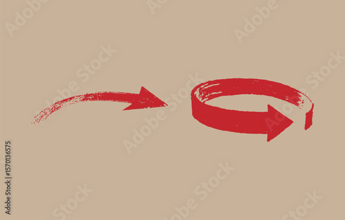 Red arrow pointing right and a circular arrow shape with a brush stroke texture on a beige background representing movement and direction
