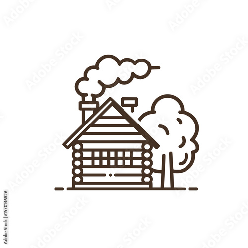 Illustration of a log cabin with smoke coming from the chimney and a tree beside it in line art style