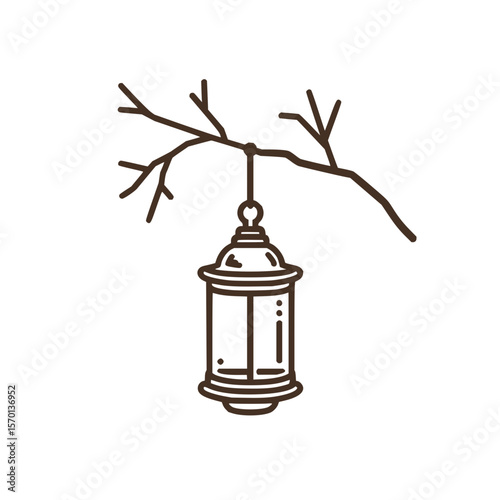 Illustration of a hanging lantern suspended from a branch with multiple twigs on a white background