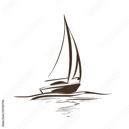 Illustration of a sailboat with tall sails on water with reflections in a simple line drawing style