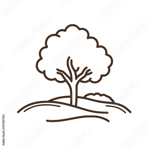 Illustration of a solitary tree with rounded foliage standing on a gently sloping hill landscape scene