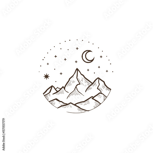 Mountain range illustration with moon and stars in a circular frame in simple line art style design