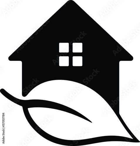Silhouette eco house logo concept with leaf Vector illustration