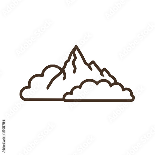 Illustration of a mountain range with jagged peaks and clouds in a simple line drawing style on white 100