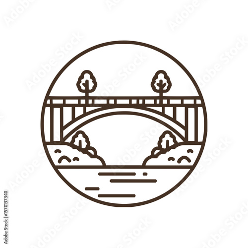 Illustration of a bridge over water with trees in a circular frame in a line art style design