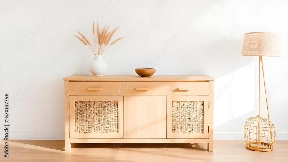 Obraz premium Living room interior wall mockup in minimalist Japandi style with caned console, wicker basket lamp and dried pampas grass in ceramic vase on empty warm white background. 3d rendering, 3d illustration