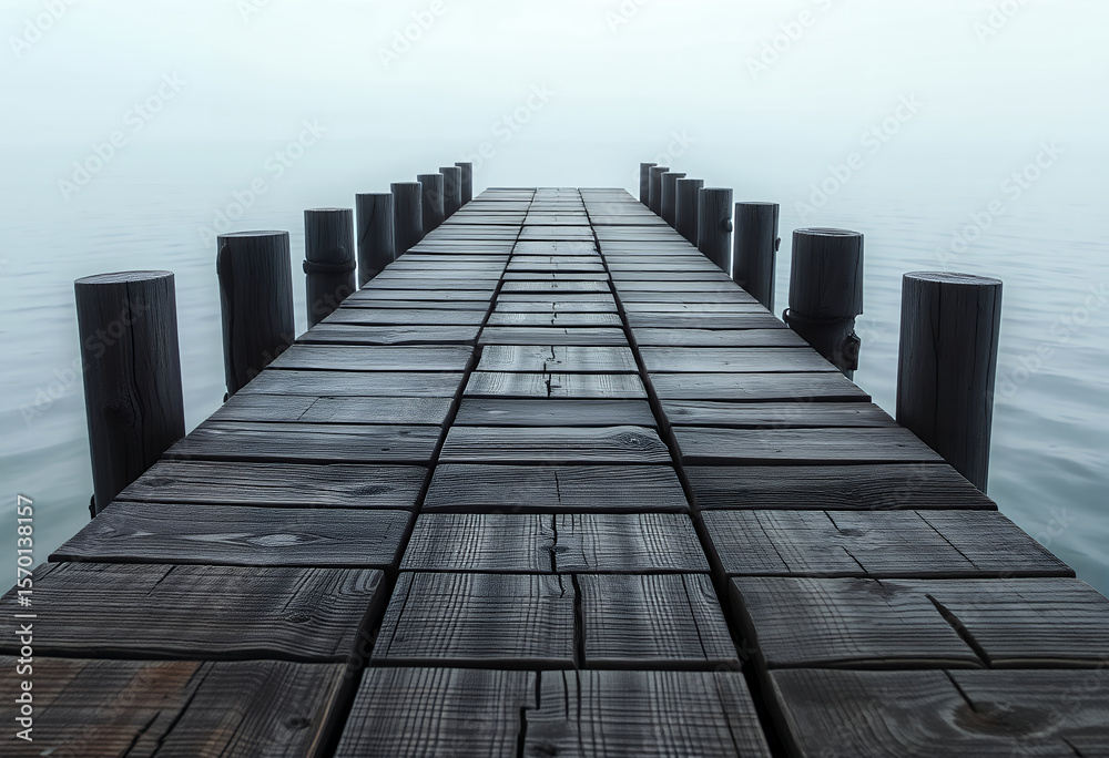 Obraz premium Pier into the Mist: A weathered wooden pier stretches out into a serene body of water shrouded in a delicate veil of mist. The timeless structure evokes a sense of calm, solitude, and contemplation.