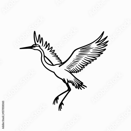 Crane bird flying with wings spread in a minimalist line art style  