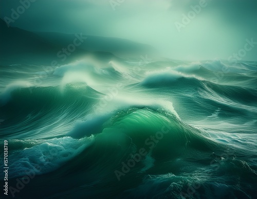 misty green ocean waves in a dreamy atmosphere