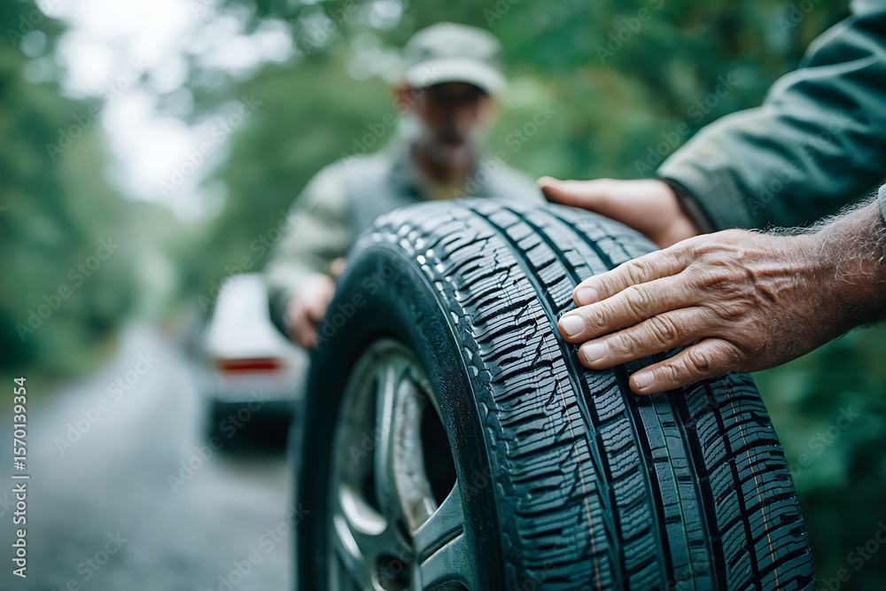 Fototapeta premium Two men exchange a car tire on a damp road, symbolizing teamwork, assistance, and overcoming unexpected challenges during travel.