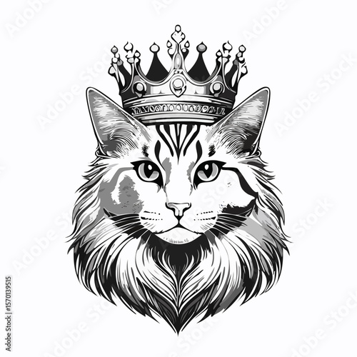 Royal Cat King with a Golden Crown on His Head in a Majestic Vector Illustration