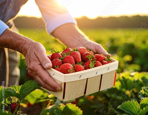 Fototapeta Naklejka Na Ścianę i Meble -  Hands holding a crate of strawberries in a field