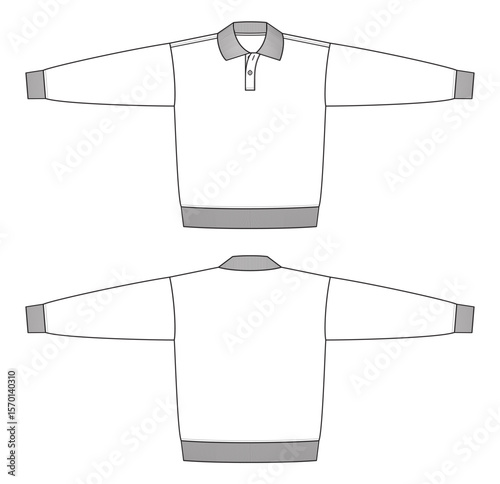 Vector fashion technical drawing of a long sleeved polo sweater with front and back view. Two buttons at the placket. Rib at collar, cuff, and bottom part. Knit fabric.