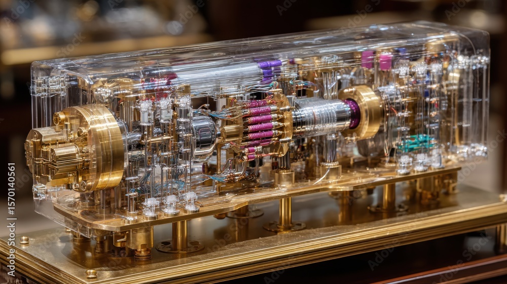A detailed view of a transparent, futuristic device displaying complex inner workings and metal components under bright lighting in a museum setting. A detailed view of a transparent, futuristic device displaying complex inner workings and metal components under bright lighting in a museum setting.