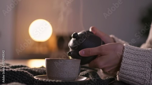 Static close-up of a hand pouring tea into a ceramic cup, steam curling upward, a knitted blanket draped nearby, soft lamp glow. Intimate