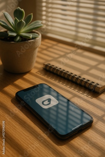 Smartphone with plant and notepad on wooden desk in warm natural light