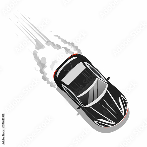 Top View of a Speeding Car Leaving a Trail of Smoke and Dust in Dynamic Vector Illustration