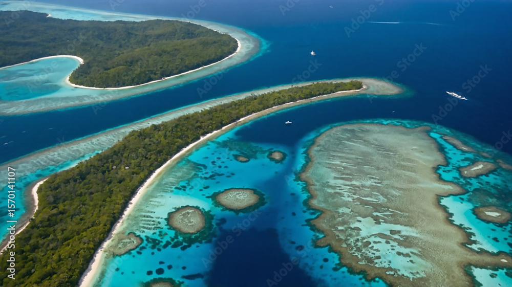 Fototapeta premium Aerial view tropical beach island reef caribbean sea. Indonesia Moluccas archipelago, Banda Islands, Pulau Ay. Top travel tourist destination, best diving