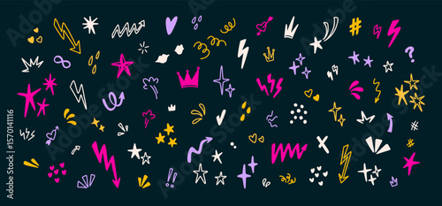 Set of cute line doodle sketch icons. Arrow, star, heart, crown, exclamation mark, twinkle, glitter confetti child crayon scribbles. Punk rock music neon graphic background. Emo goth hand drawn poster