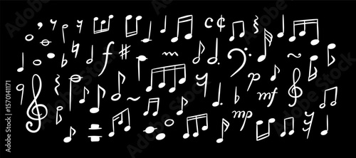 Music school blackboard. Handwriting musical notes, keys and symbols. Childish white crayon scribbles on the chalkboard. Hand drawn conservatory background. Piano concert poste