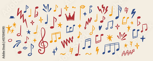 Hand drawn doodle music note background. Sketch vector illustration. Sound, magic, burst manga effect. Classic music, rock festival, punk concert poster. Kid drawing, crayon scribbles