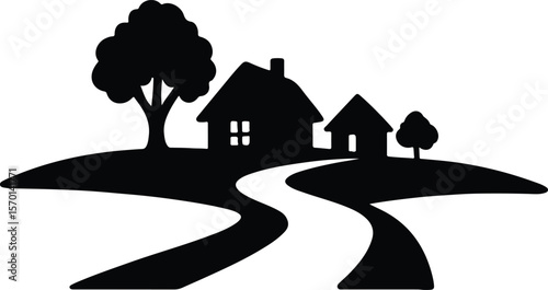 Silhouette idyllic landscape with house tree and winding road Vector illustration