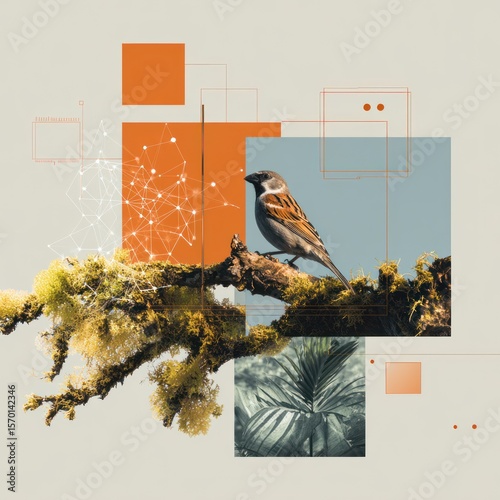 Abstract collage with bird, nature elements
