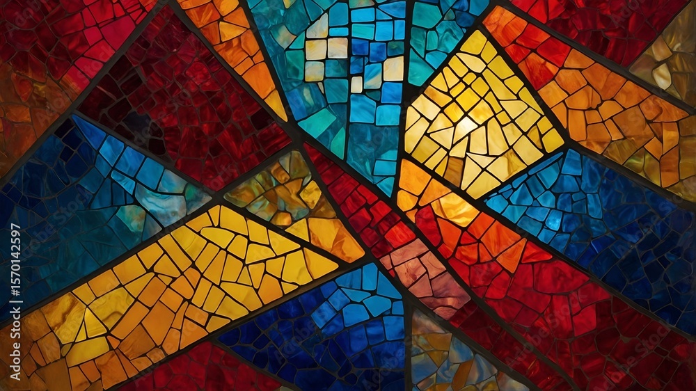 Luminous digital art: intricate geometric panes holding segments of a rich, colorful gradient.