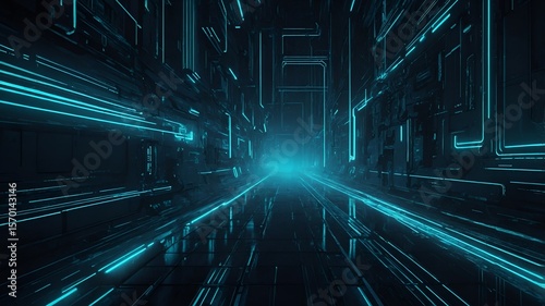 Dark, enigmatic gradient with intricate, glowing neon lines forming a futuristic labyrinth. High detail.