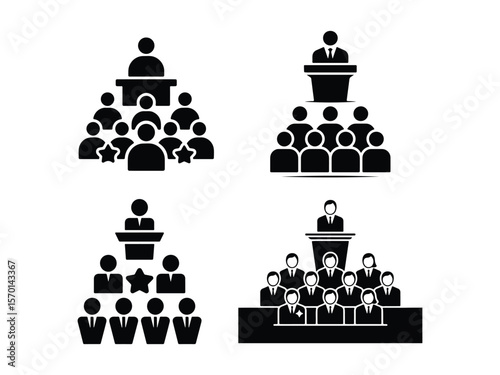 Conference speaker and audience icons representing business meetings and public speaking events