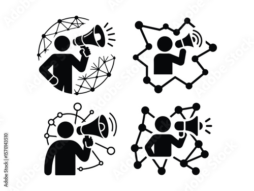 Global Communication and Marketing Strategy with Megaphone Icon Set in Black