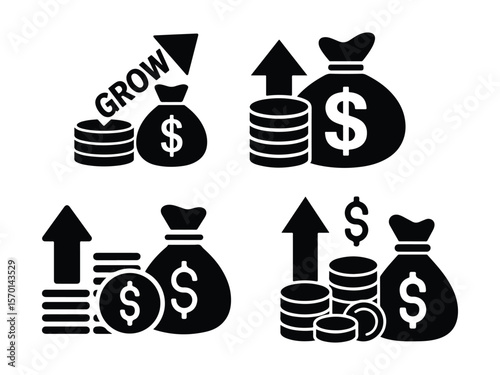 Money growth concept with bag of money coins and upward arrows