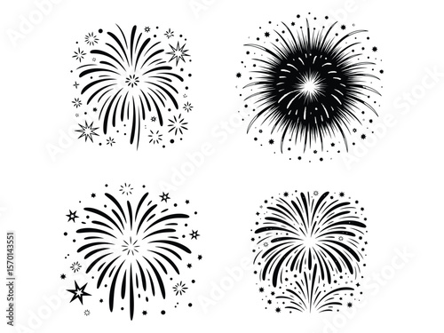 Set of Four Black and White Fireworks Illustrations on a White Background