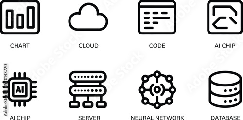 A display of eight black and white icons representing technology and data concepts