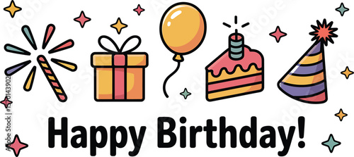 Birthday themed graphic with sparkler gift balloon cake party hat and stars