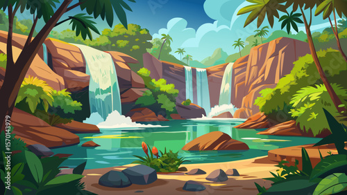 Litchfield National Park reveals twin waterfalls tumbling into natural rock pools, surrounded by lush tropical trees in a vibrant, humid oasis.