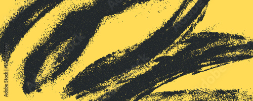 Trendy yellow background with grainy spiral brush strokes. Black noisy curved lines on bright yellow background. Trendy graffiti bg. Noise and sand effect. Funky modern texture. Vector ink wallpaper.