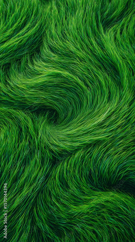 Fototapeta premium Green grass texture with swirling pattern creating a vibrant natural background full of depth and movement in bright outdoor light.