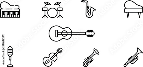 A collection of outlined musical instruments displayed on a white background plain