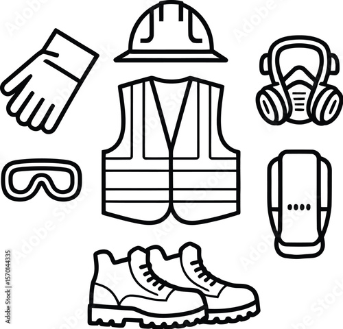 Illustration of safety equipment including hard hat vest and protective gear items