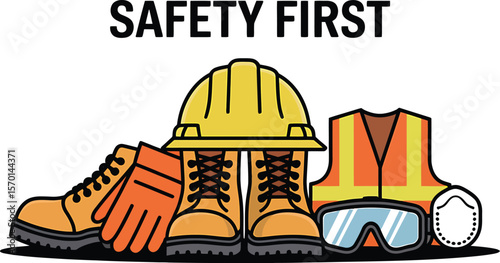 A collection of safety gear with safety first text on a light gray background