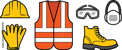 Illustration of personal protective equipment including safety gear and clothing
