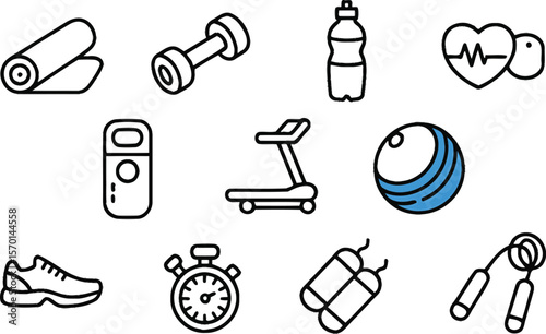 A minimalist illustration of fitness equipment icons on white circular backgrounds