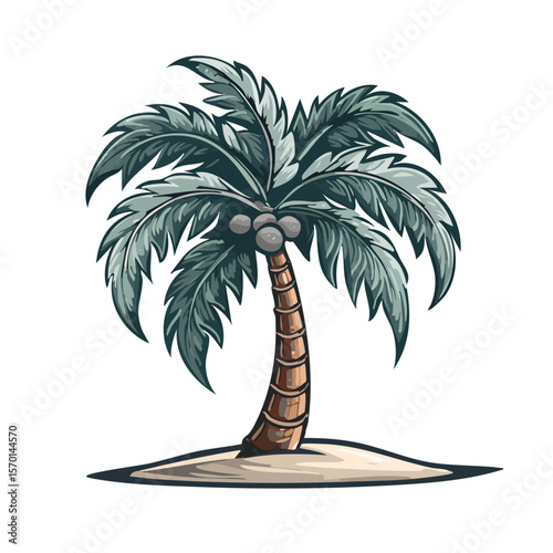 Cartoon Palm Tree with Coconuts on a Small Beach Island Against a Black Background