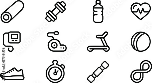 A collection of fitness and exercise icons arranged on a light gray background