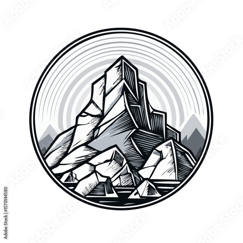 Illustrated Mountain Peak Landscape in Circular Badge Style Adventure and Nature Graphic