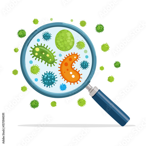 Magnifying Glass Examining Various Germs and Bacteria Illustrative Health Science Research and Microbiology in Vector Art Style