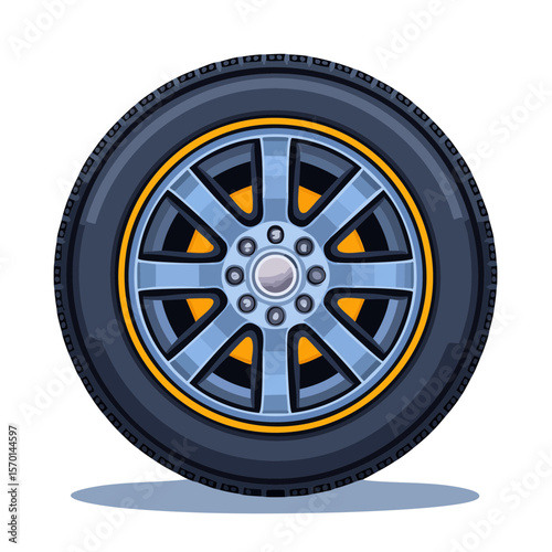 Isolated illustration of a dark blue tire with silver hub on a black background