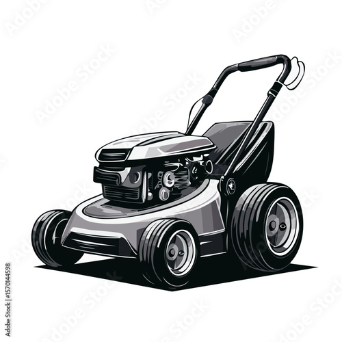 Illustration of a Powerful Lawn Mower with Large Wheels and Strong Engine on Black Background