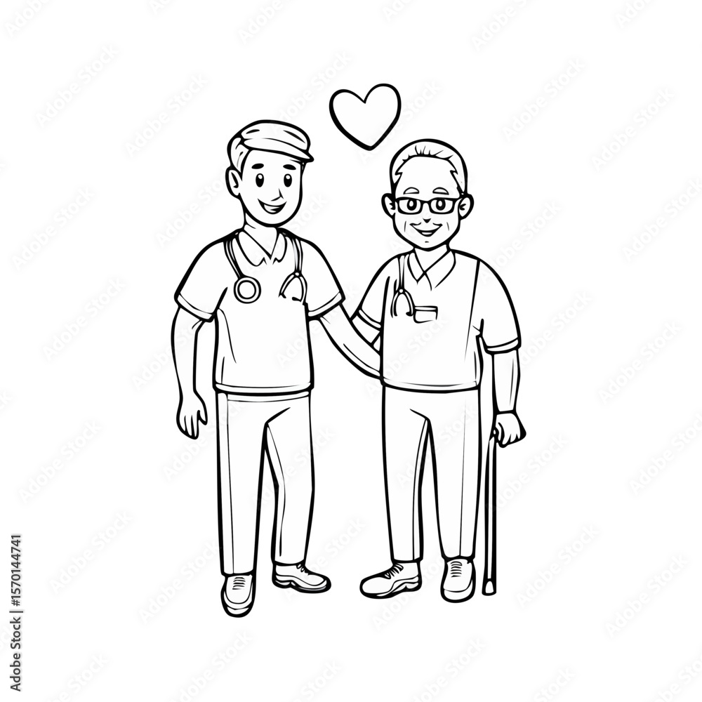 Two doctors showing compassion and affection with heart icon over black background monochrome illustration healthcare providers partnership Two doctors showing compassion and affection with heart icon over black background monochrome illustration healthcare providers partnership